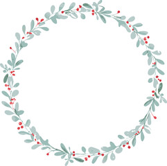 Obraz premium Elegant Watercolor Wreath Teal Leaves, Red Berries, Circular Frame