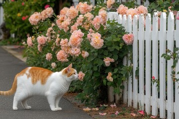 Cat Sniffing Pink Roses Near White Picket Fence in Garden