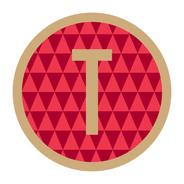 A clean and sophisticated vector featuring a gold letter T within a red circular design, highlighted by a sleek gold outer border. Ideal for logos, icons, or artistic themes.