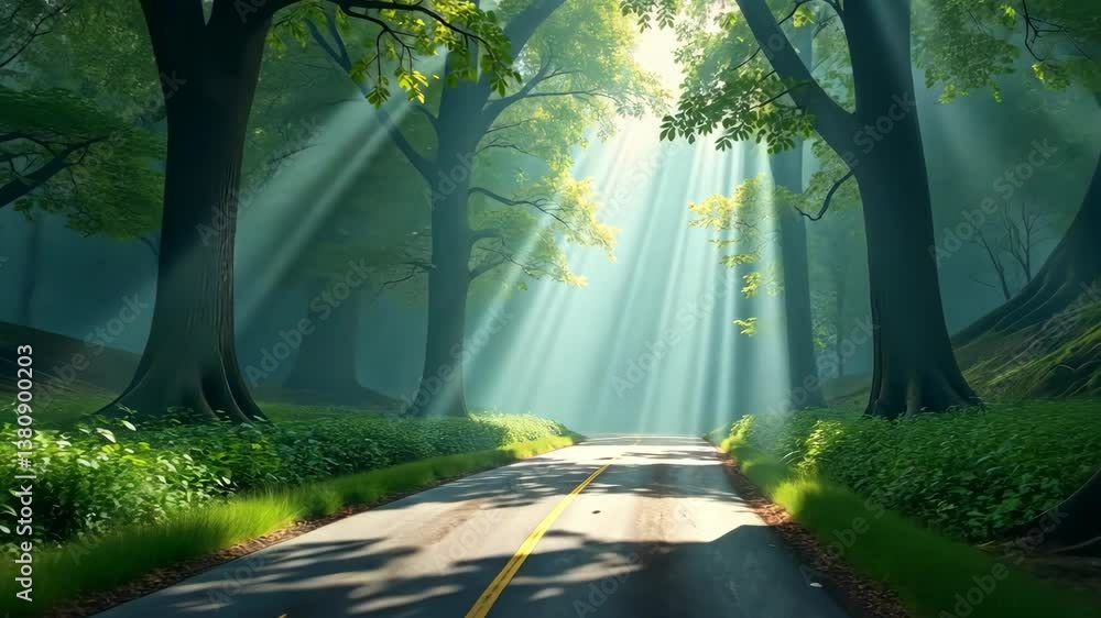 Poster sunlit path through a mystical forest a journey into nature's embrace