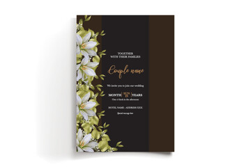 WEDDING INVITATION FRAME WITH FLOWER DECORATIONS AND FRESH LEAVES