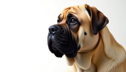 Fototapeta premium Imposing mastiff, attentive gaze, pure white backdrop, portrait, dog breed