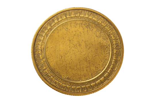 Blank golden round plaque with ornate border isolated transparent background, award potential