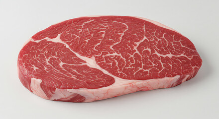 Fototapeta premium Premium Cut: Raw, uncooked beef steak showcases rich marbling and vibrant red hues, a culinary delight for gourmet recipes.