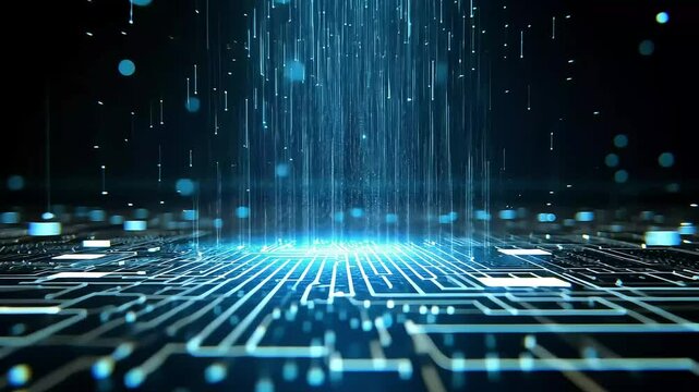 Glowing blue data streams and circuitry illuminate a dark background. Technology converges