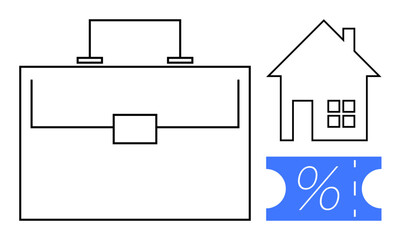 Business briefcase, house outline, blue discount coupon with percentage symbol highlighting savings, investment. Ideal for real estate, finance, business solutions, home buying, investment