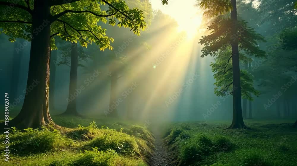 Aufkleber Sunlight streams through a misty forest, creating a magical atmosphere.