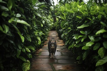 Cat Walking on Pathway Surrounded by Lush Greenery and Foliage