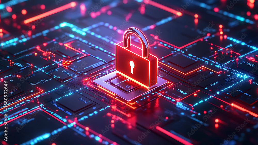 Poster 3d rendered digital lock symbol with neon lights on abstract circuit board background representing c