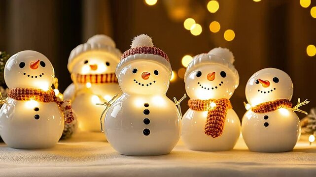 Glowing snowman figures with tiny scarves. Warm light. Festive holiday decor