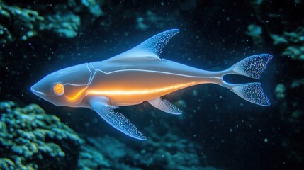 Fototapeta premium Luminous Aquatic Creature: A Glowing Fish in the Ocean Depths