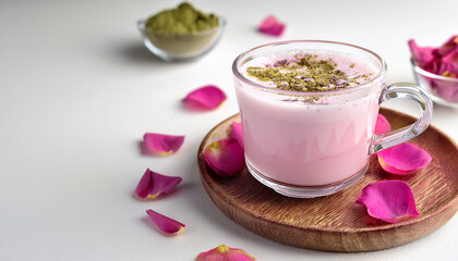 Moon milk Pink matcha with rose petals.