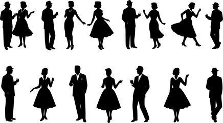 Vector silhouette of people dressed in 1950s fashion at the party, socializing. vector set