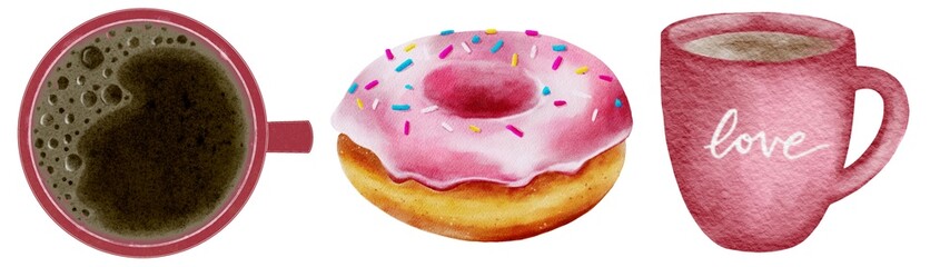 Delightful coffee and donut watercolor pattern for stylish textile design