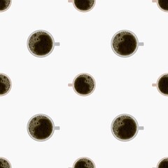 Coffee pattern design featuring watercolor cups on a seamless white background