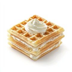 Stack of waffles topped with whipped cream.  A delicious treat, perfect for a quick breakfast or a sweet snack.  Golden-brown waffles layered with a generous dollop of fluffy whipped topping