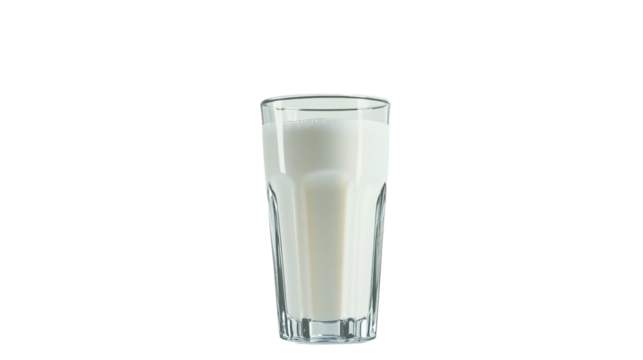 A glass of milk with essential nutrients, natural cow's milk in a large, deep glass, enriched with calcium, set against a transparent background.
