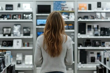 Young caucasian female shopping in electronics store with long hair