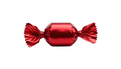 Photo of Shiny red candy wrapper, twisted ends glossy surface hard candy isolated on transparent background 