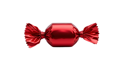 Photo of Shiny red candy wrapper, twisted ends glossy surface hard candy isolated on transparent background 