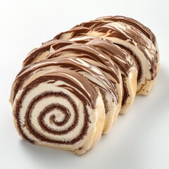 Chocolate swirl roll, sliced.  A decadent dessert roll with swirls of creamy chocolate and vanilla filling.  Each slice is evenly cut and showcases the intricate design