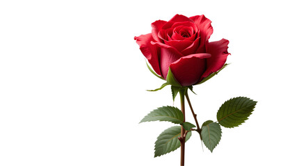 Photo of single red rose, long stem, vibrant petals isolated on transparent background 