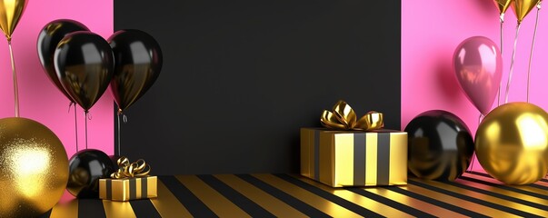 Golden Christmas gift box placed on black gold pattern background. Decorated with balloons. New year concept. Side view. Generative AI