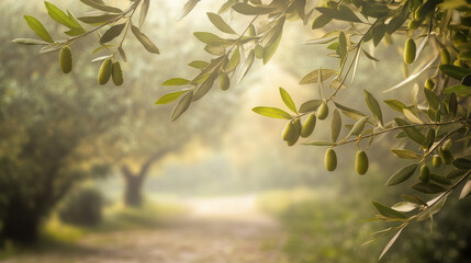 A serene image of olive branches extending diagonally, fresh green olives in early stage, layered leaves with fine textures