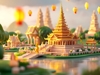 Floating Thai Temple with Lanterns in Khon Kaen