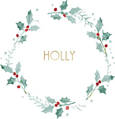 Elegant Holly Wreath Christmas, Winter, Festive, Botanical, Holiday