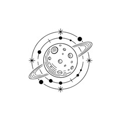 Minimalist Celestial Planet with Rings and Stars Illustration