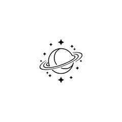 Minimalist Space Icon: Planet & Stars on White, Line Art Design