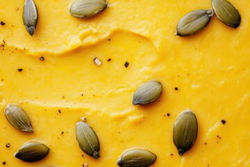 Creamy pumpkin soup texture with pumpkin seeds on top