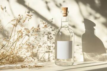 Clear Glass Bottle Mockup with Cork and Dry Flowers on Neutral Background
