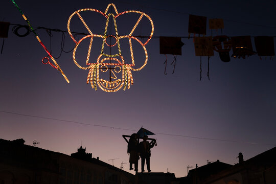 Mecos hanging in the square of Viana do Bolo at dusk. Carnival of Viana do Bolo. Carnival Galicia