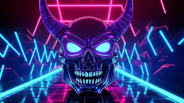 Neon skull with horns glows. Geometric corridor with pink and blue