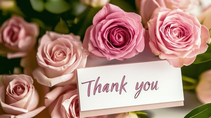 Explore the beauty of pink roses accompanied by a heartfelt 'Thank You' note, symbolizing gratitude, appreciation, and love in a charming floral arrangement that brightens any occasion.