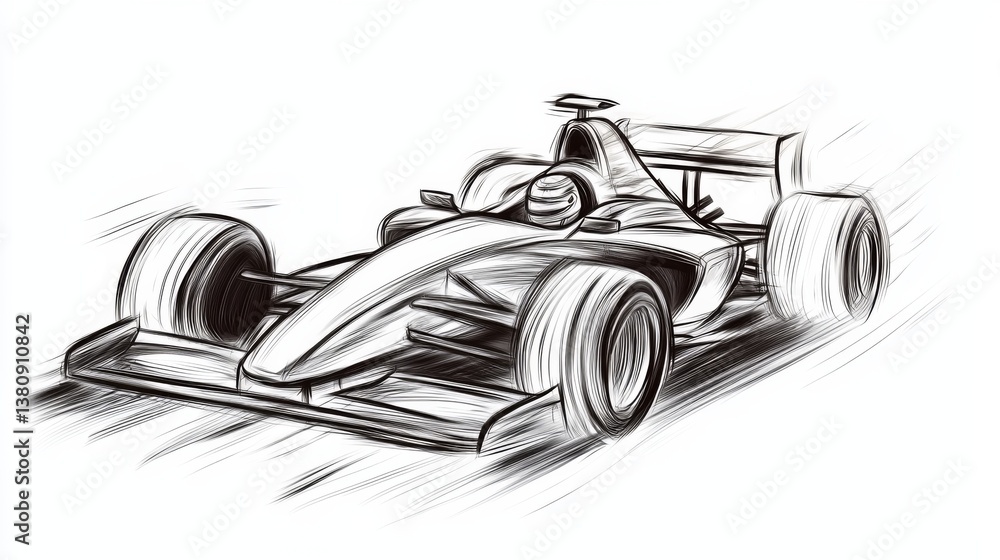 Poster dynamic sketch of a racing car in motion, showcasing speed and design