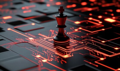 Black chess king on circuit board, strategy, technology background, business concept