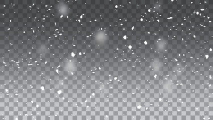 Vector illustration of flying snow on a transparent background. Natural phenomenon of snowfall or blizzard. Snow and wind on a transparent background. White gradient decorative element. vector illustr