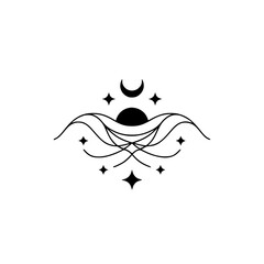 Celestial Minimalist Logo: Moon, Sun, & Stars on White