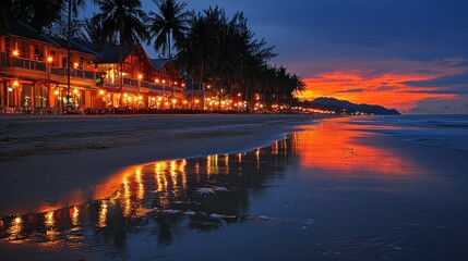 Fototapeta premium Sunset Beachfront Restaurant Reflection
