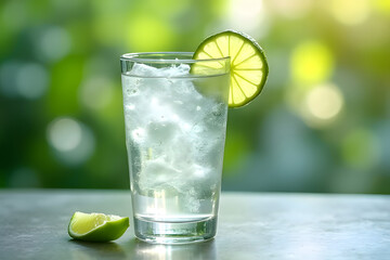 Ice in a glass  soda water and lemon