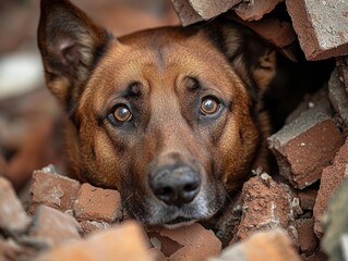 Capture the intricate details of a rescue dogs eyes as they navigate through the rubble, telling a powerful story of strength and determination