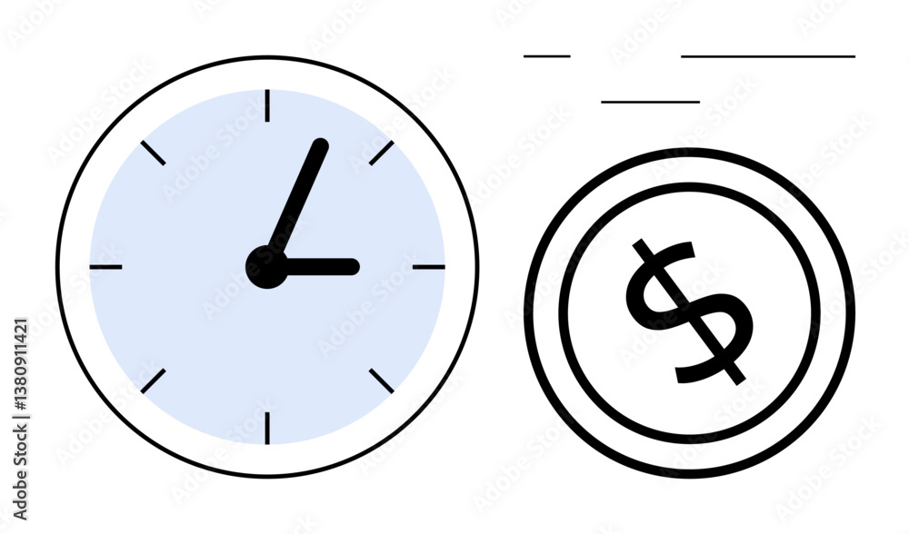 Poster clock and dollar coin in minimalist style emphasizing time value and money. ideal for productivity, 