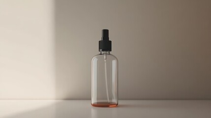 This minimalistic image features a clear spray bottle set against a softly lit neutral background, emphasizing simplicity and elegance in product design.