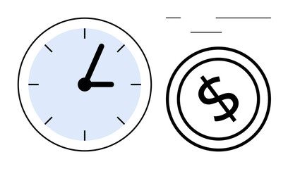 Clock and dollar coin in minimalist style emphasizing time value and money. Ideal for productivity, finance, business planning, time tracking, budgeting, economic growth, flat simple metaphor