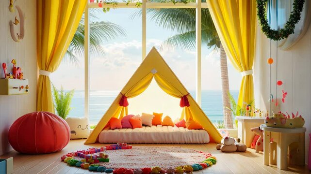 Beautiful children's room with a teepee. Selective focus. dizain.