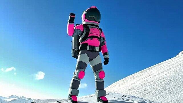 Pink space suit clad individual on snow, set against a bright blue sky, mountain range