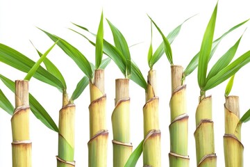 Harvested Sugarcane Stalks with Fresh Green Leaves on a White Background